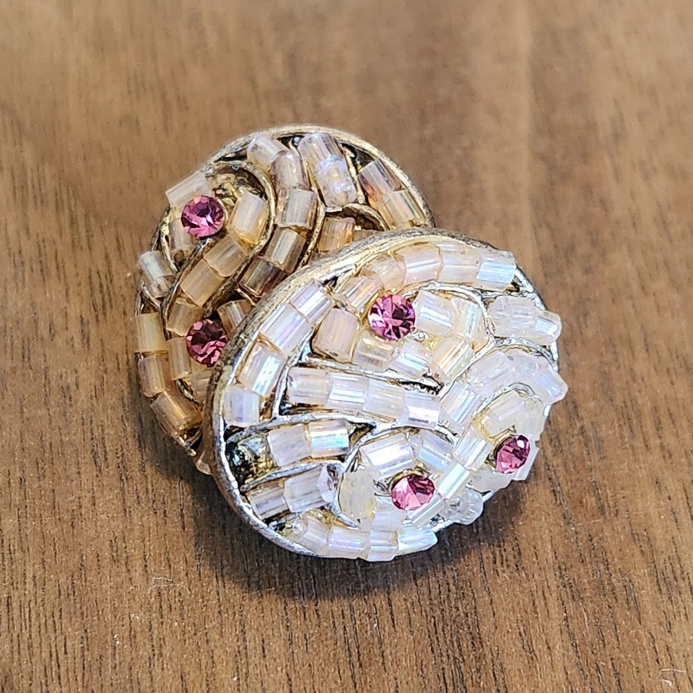 Vintage Iridescent Beaded Pink Rhinestone Oval Stud Earrings Silver Tone 0.75" - Picture 7 of 7